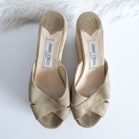 Jimmy Choo Tan Sparkly Gold Espadrille Platform Sandals - Picture 3 of 16